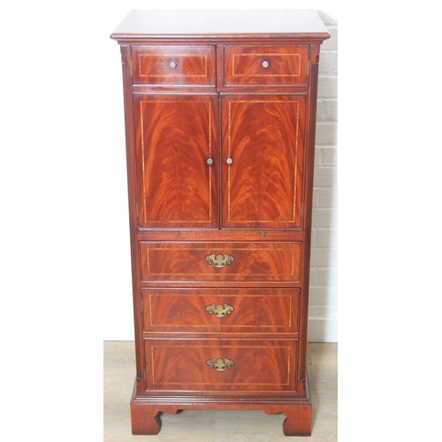 25 - A Bel Furniture Limited flame mahogany and satinwood inlaid 'chest-on-stand' music cabinet, moulded ... 