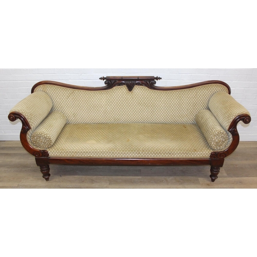 68 - A Victorian roll end sofa or settee with exposed mahogany frame, buff upholstery, 224cm long x 94cm ...