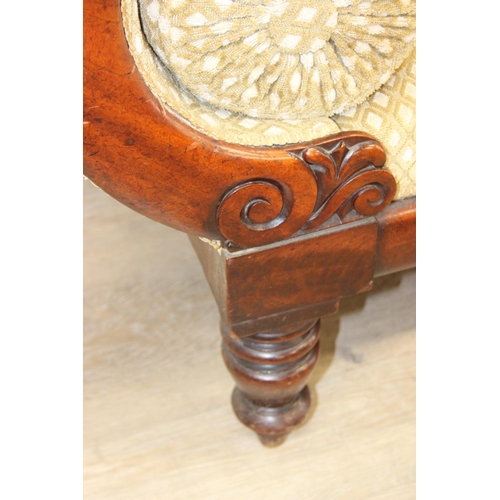 68 - A Victorian roll end sofa or settee with exposed mahogany frame, buff upholstery, 224cm long x 94cm ...