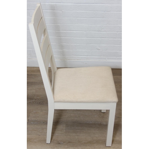 76 - Modern white painted extending dining table with oak top and four matching chairs, the table 68cm x ...