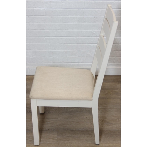 76 - Modern white painted extending dining table with oak top and four matching chairs, the table 68cm x ...