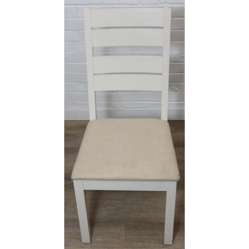 76 - Modern white painted extending dining table with oak top and four matching chairs, the table 68cm x ...
