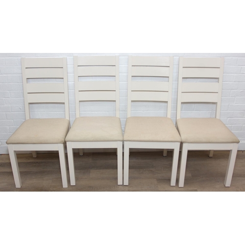 76 - Modern white painted extending dining table with oak top and four matching chairs, the table 68cm x ...