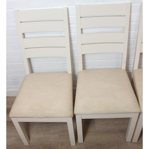 76 - Modern white painted extending dining table with oak top and four matching chairs, the table 68cm x ...