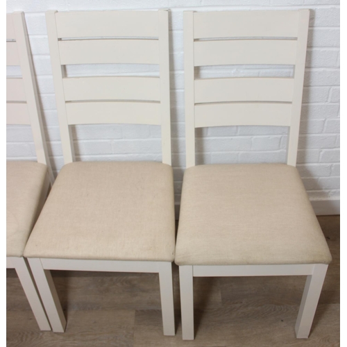76 - Modern white painted extending dining table with oak top and four matching chairs, the table 68cm x ...
