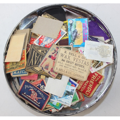 528A - Advertising - Phillumeny - two vintage tins containing antique and later matchbox advertising covers... 