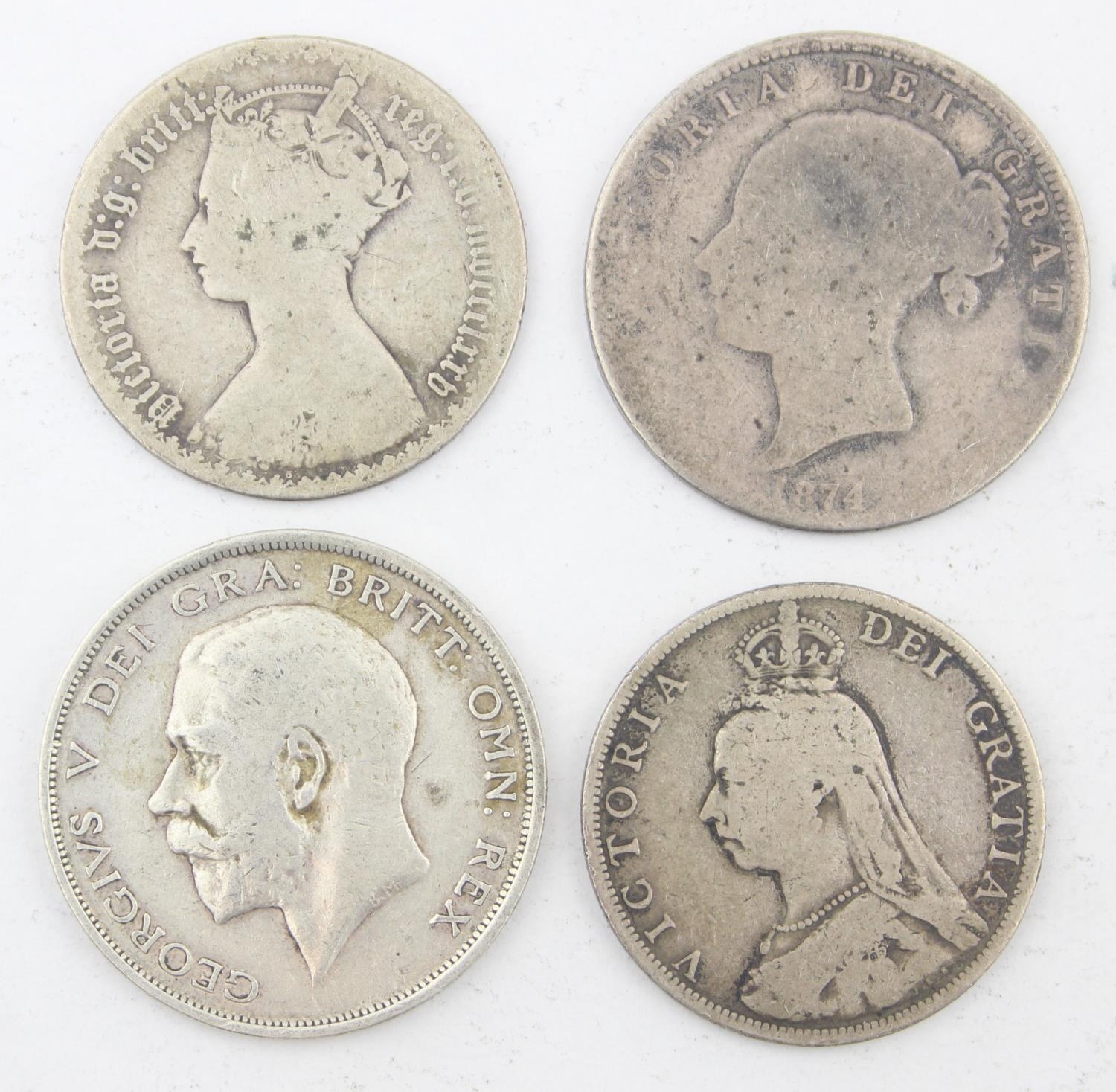 British Silver Coins - four assorted silver coins to inc two half ...