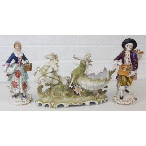 1608 - Three assorted antique porcelain figures, to inc a woman with horses and two figurines, all likely C...