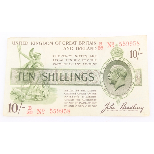Two Treasury Series 10 shilling George V banknotes, one John Bradbury ...