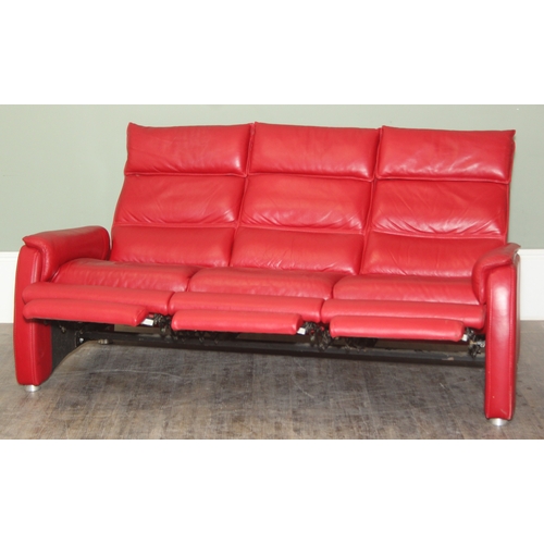 14 - Iolino of Italy - a retro style red leather three seater sofa with three reclining seats, 195cm wide... 