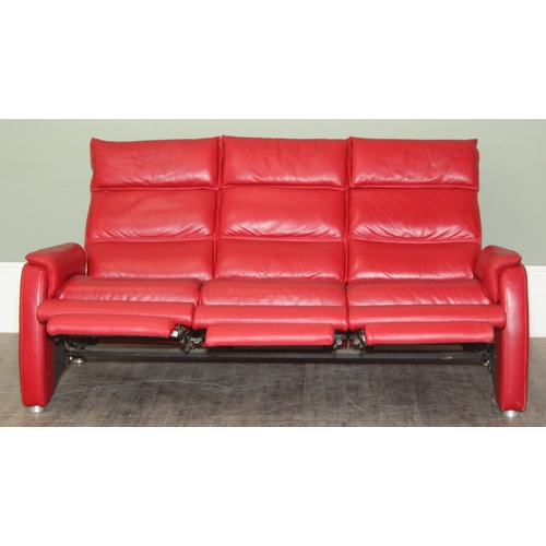 14 - Iolino of Italy - a retro style red leather three seater sofa with three reclining seats, 195cm wide... 