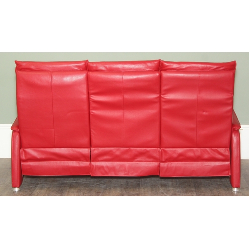 14 - Iolino of Italy - a retro style red leather three seater sofa with three reclining seats, 195cm wide... 