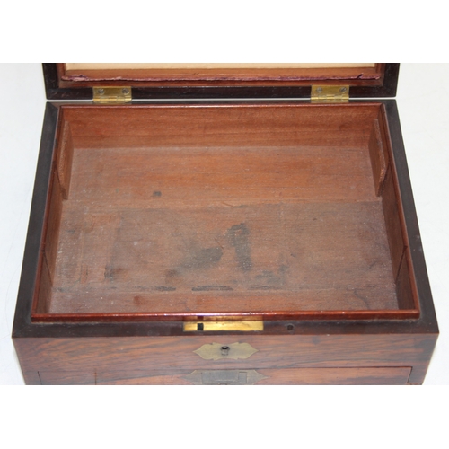 236 - An antique rosewood artists box, lacking interior but lid advertising for Robertson & Company of Lon... 
