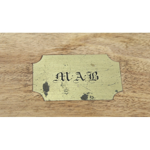 238 - Campaign style mahogany writing slope with brass corners and banding, key and brass topped travel in... 