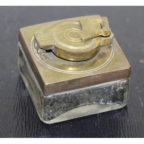 238 - Campaign style mahogany writing slope with brass corners and banding, key and brass topped travel in... 