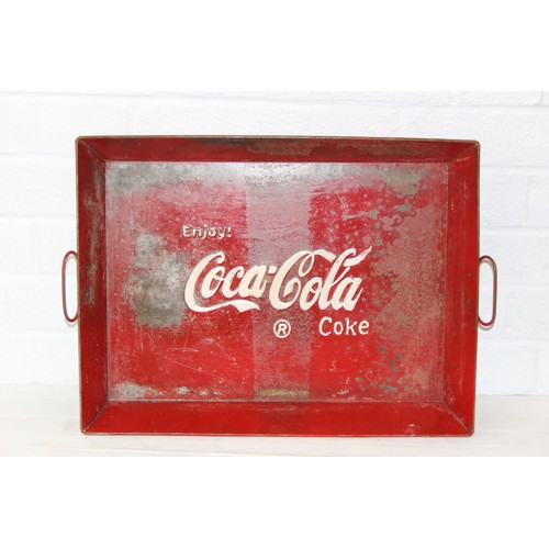 234 - A vintage red painted metal Coca-Cola serving tray and an RAF storage box, the tray 52cm x 37cm