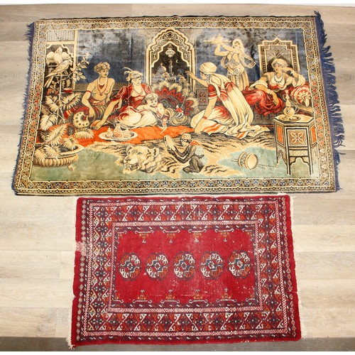 253A - A vintage rug or wall hanging depicting courtesans being entertained by a magician and a monkey and ... 