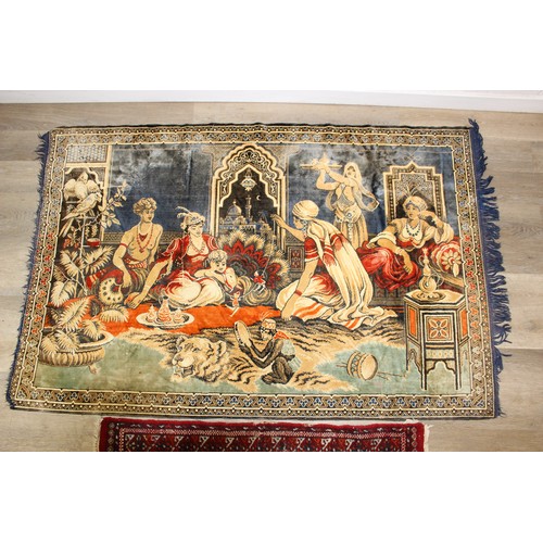 253A - A vintage rug or wall hanging depicting courtesans being entertained by a magician and a monkey and ... 