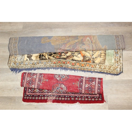253A - A vintage rug or wall hanging depicting courtesans being entertained by a magician and a monkey and ... 
