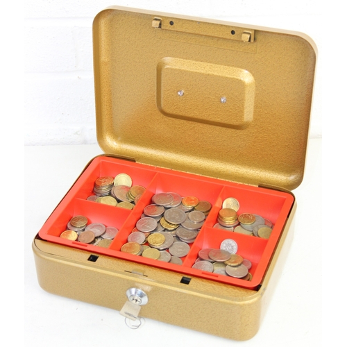 1217 - Qty of assorted mixed world and British coins in gold painted vintage cash tin, 5.8kg gross
