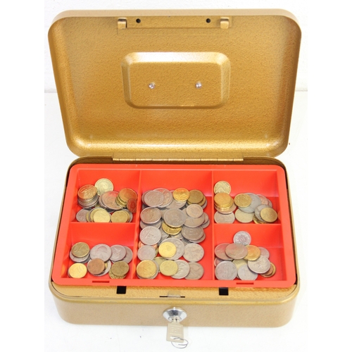 1217 - Qty of assorted mixed world and British coins in gold painted vintage cash tin, 5.8kg gross
