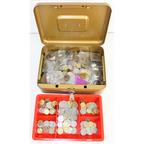 1217 - Qty of assorted mixed world and British coins in gold painted vintage cash tin, 5.8kg gross