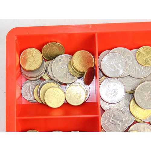 1217 - Qty of assorted mixed world and British coins in gold painted vintage cash tin, 5.8kg gross