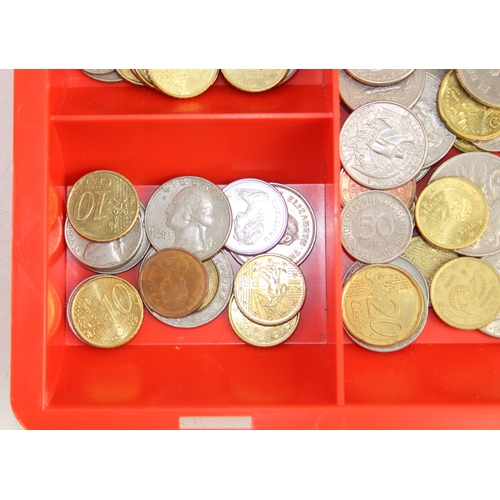1217 - Qty of assorted mixed world and British coins in gold painted vintage cash tin, 5.8kg gross
