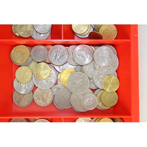 1217 - Qty of assorted mixed world and British coins in gold painted vintage cash tin, 5.8kg gross