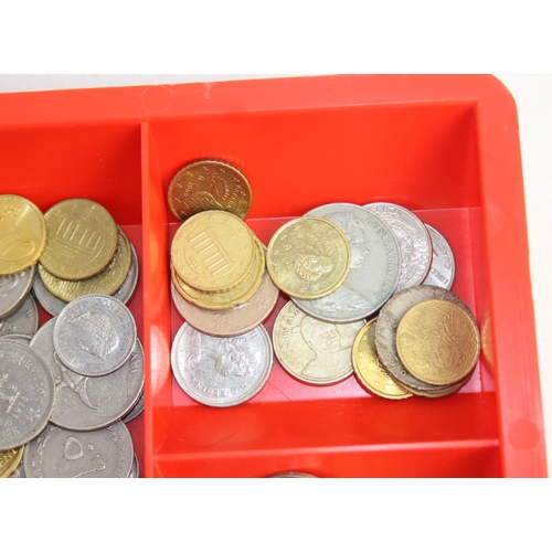 1217 - Qty of assorted mixed world and British coins in gold painted vintage cash tin, 5.8kg gross