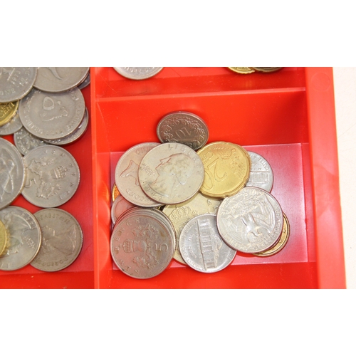 1217 - Qty of assorted mixed world and British coins in gold painted vintage cash tin, 5.8kg gross