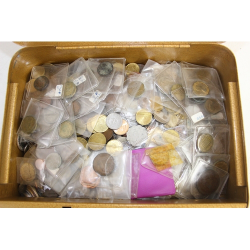 1217 - Qty of assorted mixed world and British coins in gold painted vintage cash tin, 5.8kg gross