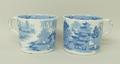 A pair of Miles Mason porcelain coffee cans transfer decorated in blue and white with a chinoiserie ... 