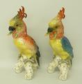 A pair of Dresden porcelain figures of cockatoos, each modelled perched on a triform rococo scroll b... 