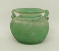 A Roman style twin handle green glass vase, 10 by 8.5cm.