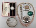 A lady's silver cased wristwatch, silver bangle, Ruskin pottery brooch, set of pink glass and enamel... 