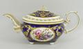 A Crown Derby porcelain tea pot, London shape, circa 1820, reserve painted with flowers against a co... 