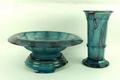 A Davidson cloud glass blue flouted bowl with stand, 34 by 15cm high, and an octagonal vase with a c... 