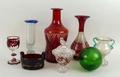 A quantity of glassware including a Bohemian ruby flashed glass decanter, oval tub shaped ruby salt,... 