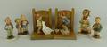 A pair of Hummel pottery bookends, Farm Boy and Goose Girl, and four figures, comprising; Max & Mori... 