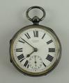 A Victorian gentleman's silver pocket watch, with an open face, keywind, enamel dial bearing Roman n... 