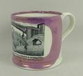 A Sunderland ware lustre mug, early 19th Century, the pink lustre surrounding a commemorative print ... 