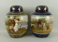 A pair of Continental porcelain ginger jars and covers, late 19th Century, painted with allegorical ... 
