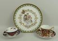 Two 19th century Royal Crown Derby cups and saucers in the Imari style, and a Veuve Perrin pottery f... 