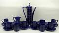A Portmeirion pottery part coffee service decorated by Susan Williams-Ellis in the blue 'Totem' patt... 