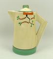 A Clarice Cliff Bizarre pottery coffee pot decorated in the 'Ravel' pattern, 19cm high.