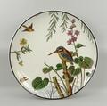 A Mintons pottery charger, late 19th century, decorated with a kingfisher, other birds and blossom, ... 