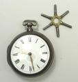 A George IV silver pair cased, open faced, key wind pocket watch, enamel dial bearing Roman numerals... 