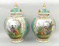 A pair of Augustus Rex porcelain vases and covers, late 19th century, reserve painted with 18th cent... 