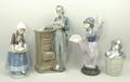 A group of Lladro porcelain figures, comprising; a Dutch girl with duck, 27cm high, hound in a baske... 